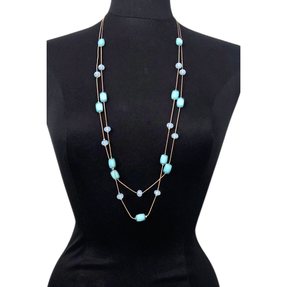 Charming Charlie Gold Tone‎ Chain Double Strand Blue Beaded Necklace Long 34"